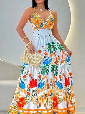 Vestido Maná - Long Estampado Tropical com Decote em V